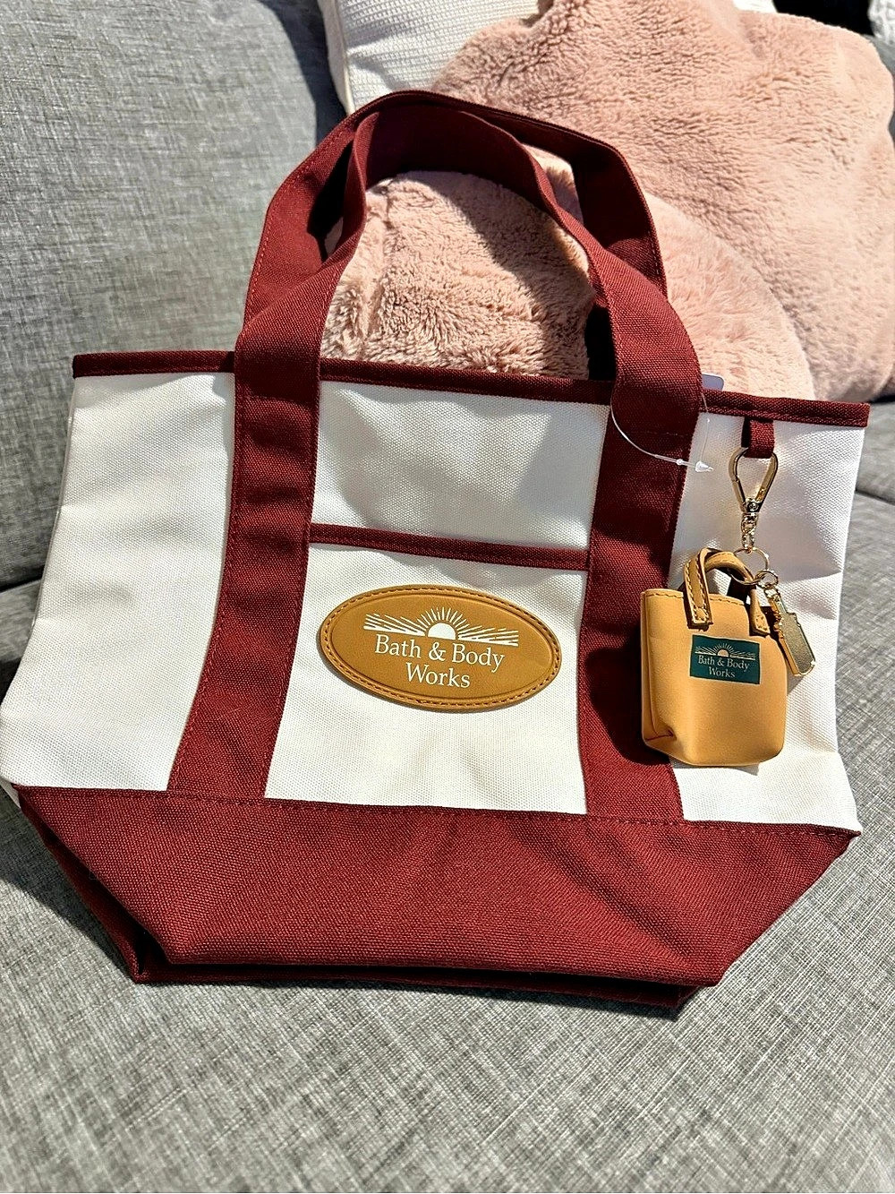 Bath & Body Works Burgundy & Cream Heritage Tote Bag with Bag Charm